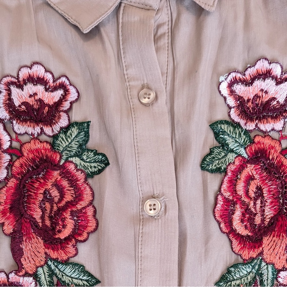 Size M I Joah Tan Embroidered Floral Rose Collared Shirt Dress Bohemian Western - Picture 16 of 16